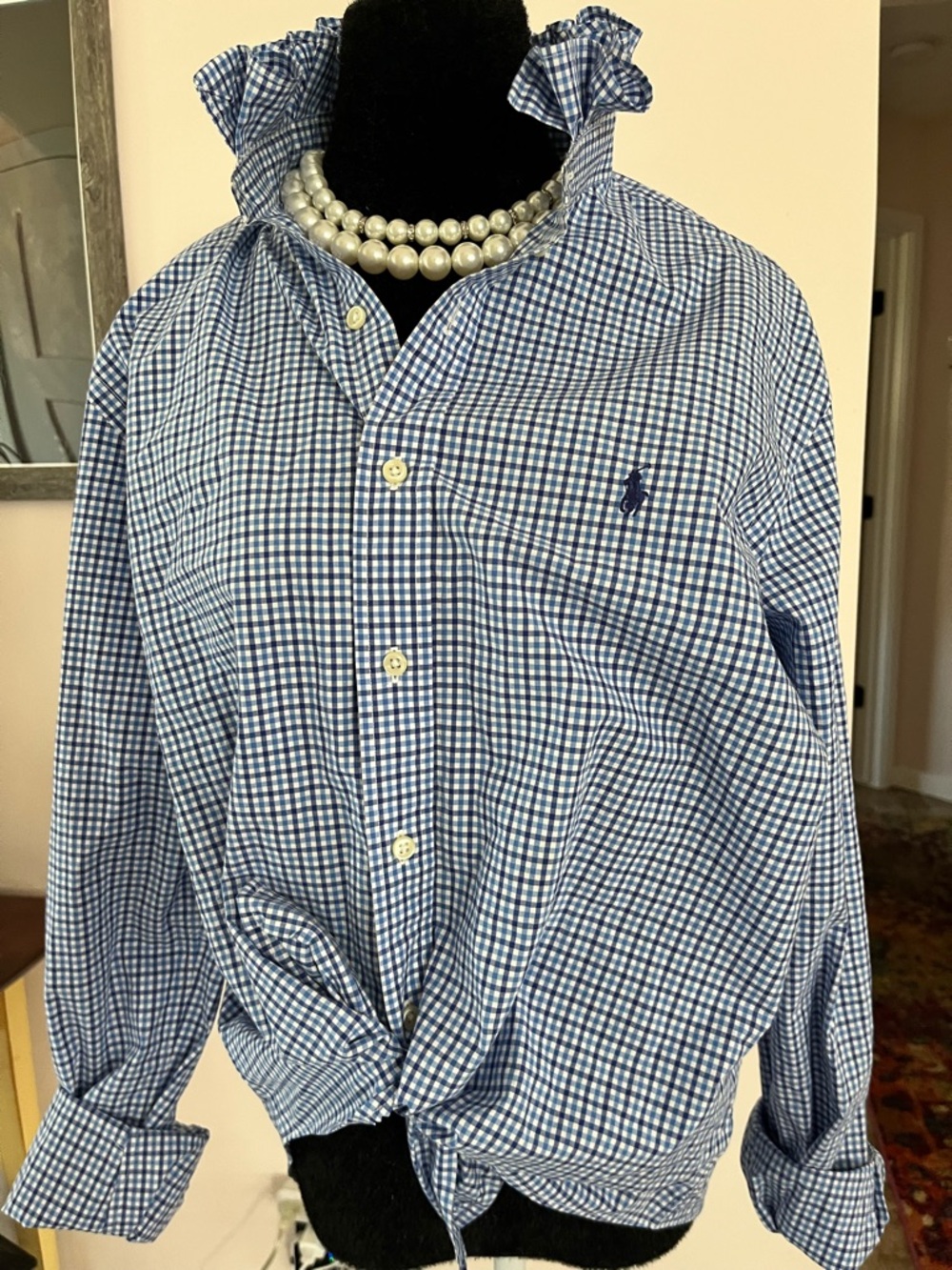Upcycled Ralph Lauren Blue and White Gingham Button-Down Ruffle Collar